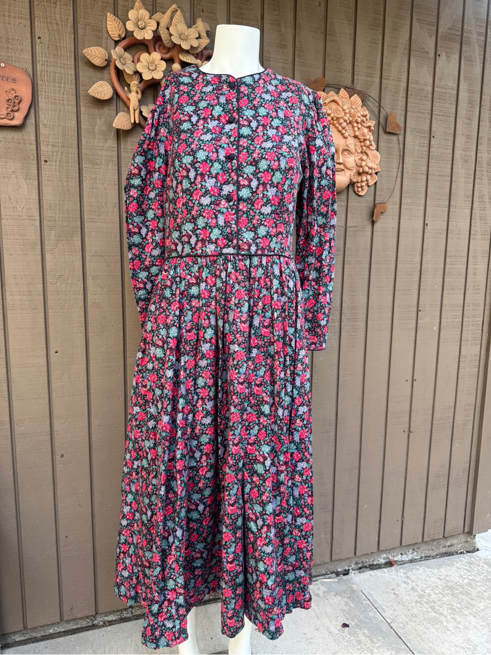 Vintage Floral Maxi Dress - Pink & Teal on Black